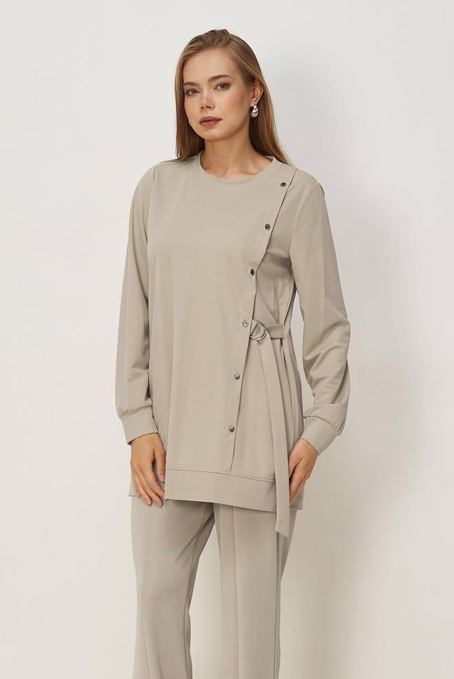 Vêtements hijab BEIGE TUNIQUE DE SURVÊTEMENT À COL ROND 45700 - ALVİNA