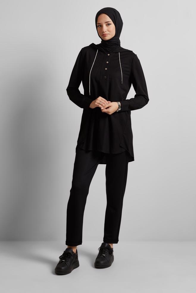 Hijab clothing BLACK HOODED TRACKSUIT TUNIC 45742 - ALVİNA