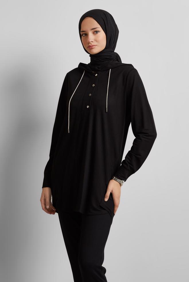 Hijab clothing BLACK HOODED TRACKSUIT TUNIC 45742 - ALVİNA