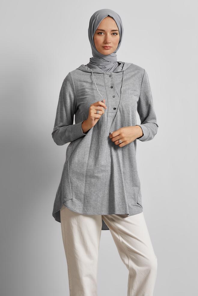 Hijab clothing GREY HOODED TRACKSUIT TUNIC 45742 - ALVİNA