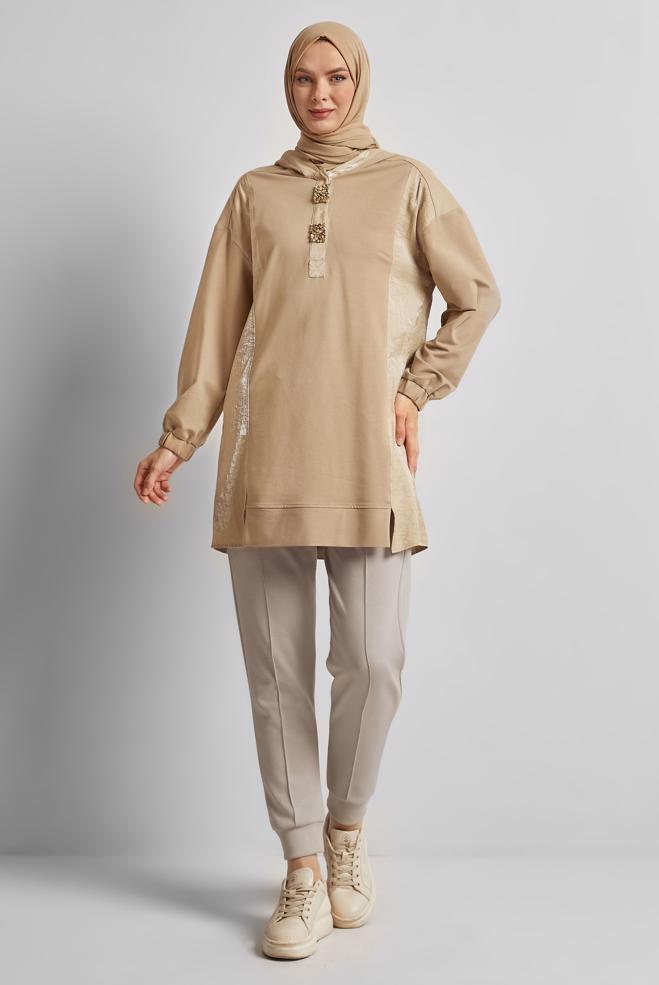 Hijab clothing BEIGE ELASTIC WAIST TRACKSUIT PANTS 70885 - ALVİNA