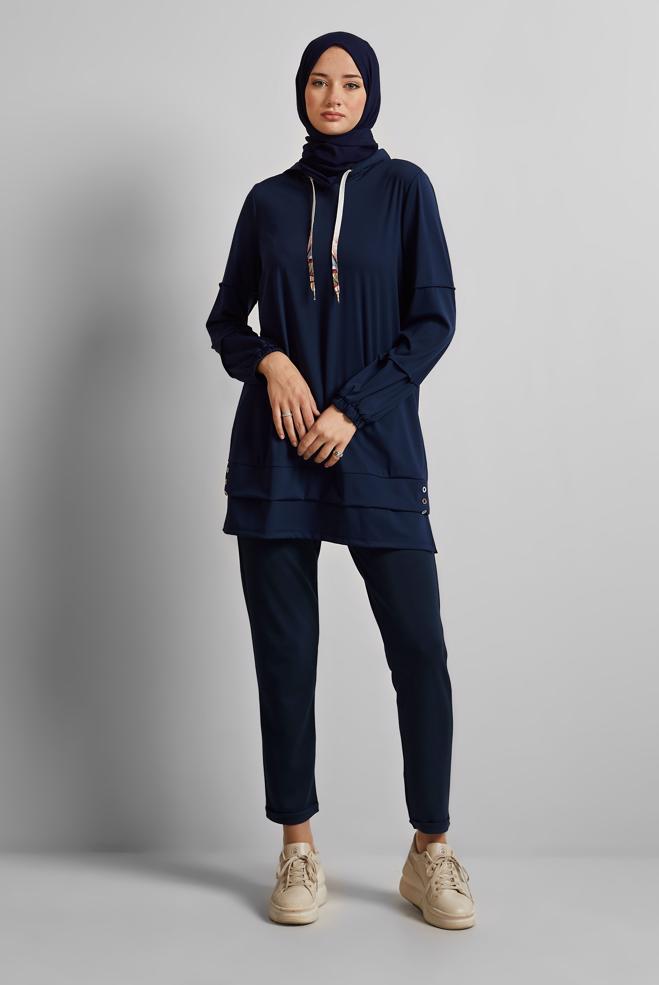 Hijab clothing NAVY BLUE ELASTIC WAIST TRACKSUIT PANTS 70886 - ALVİNA