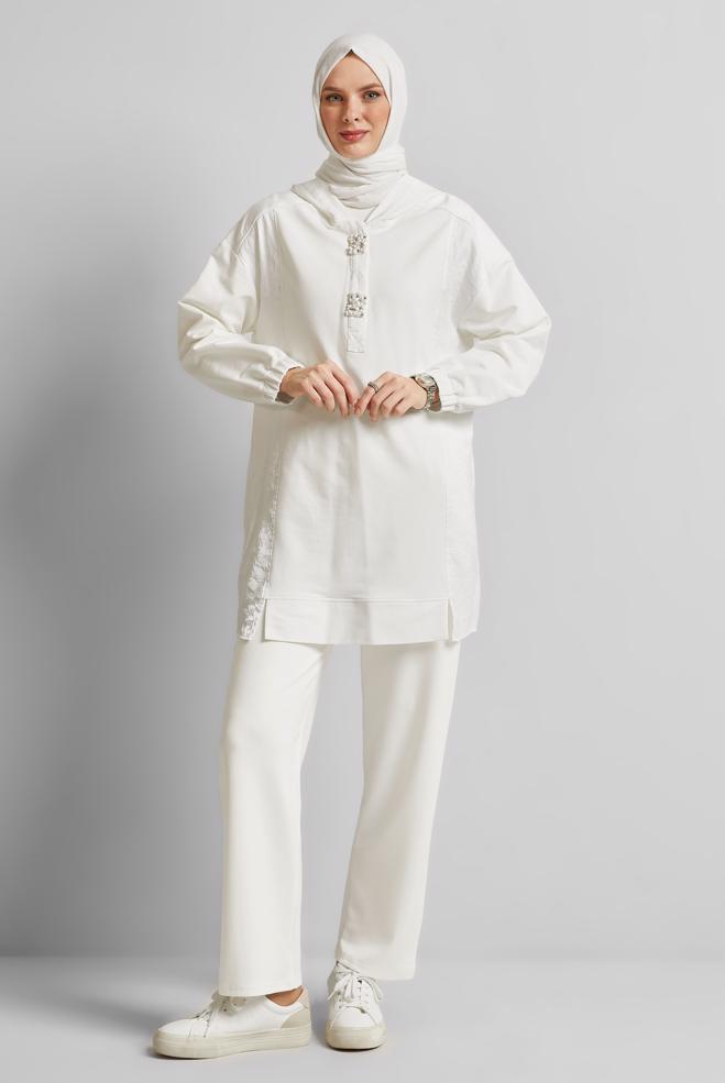 Hijab clothing WHITE ELASTIC WAIST TRACKSUIT PANTS 70887 - ALVİNA