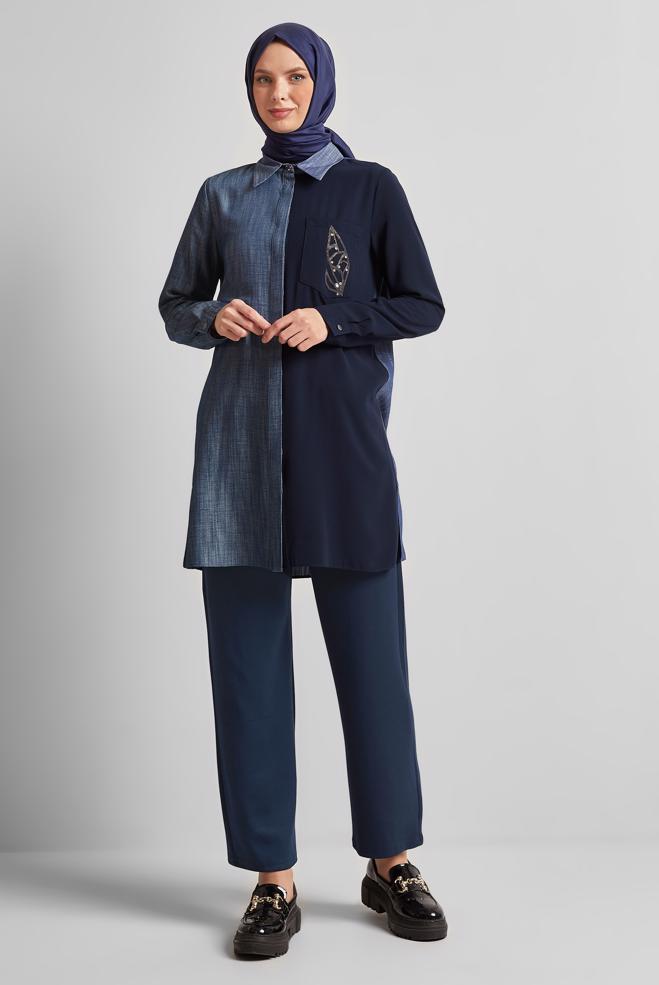 Hijab clothing NAVY BLUE ELASTIC WAIST TRACKSUIT PANTS 70887 - ALVİNA