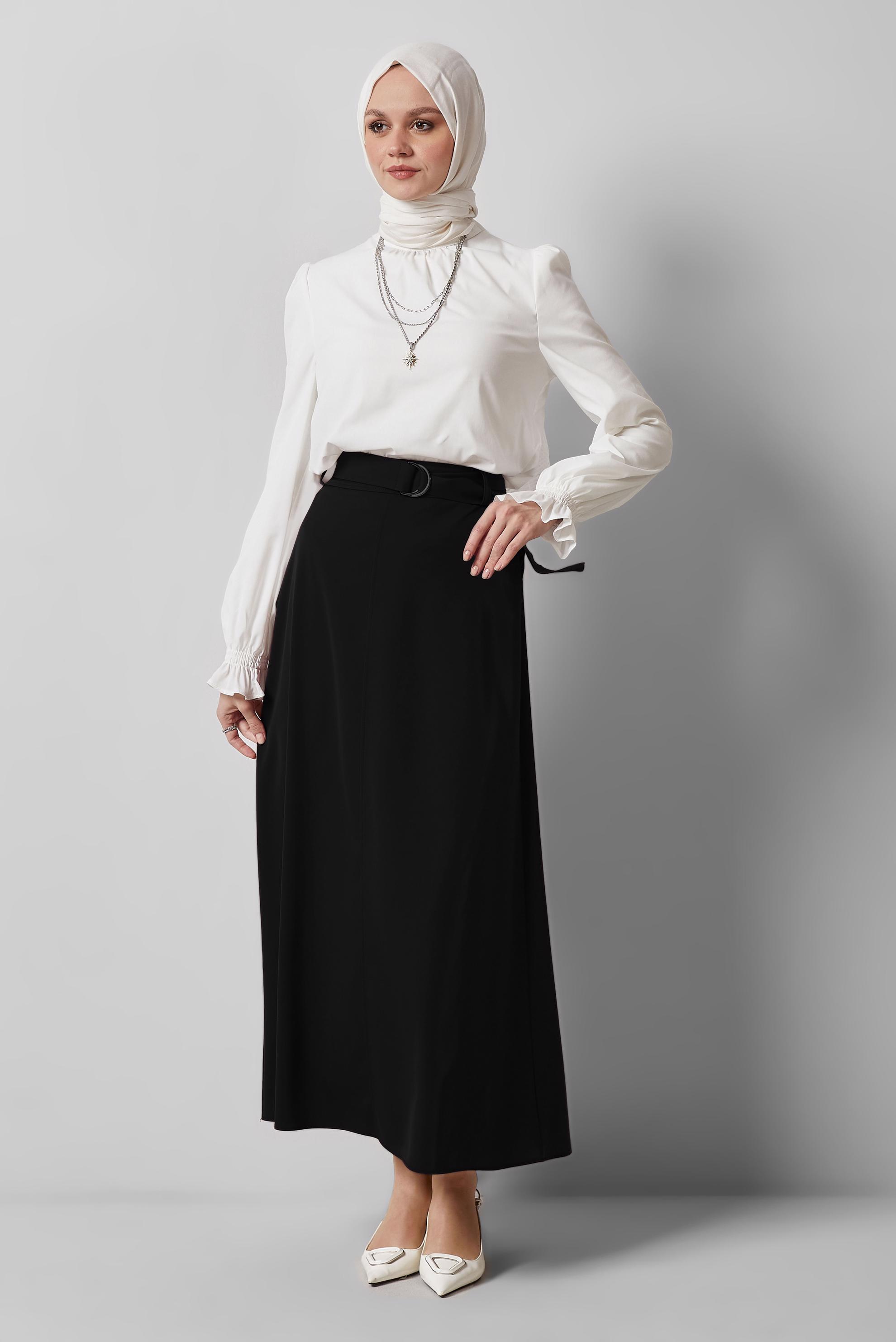 Tesettür giyim SİYAH KEMERLİ ETEK 60430