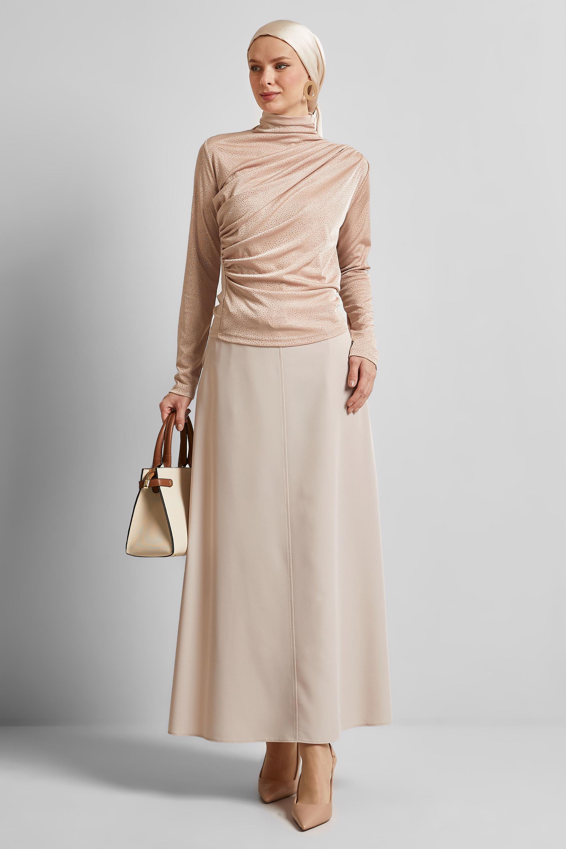 Tesettür giyim BEJ KEMERLİ ETEK 60430