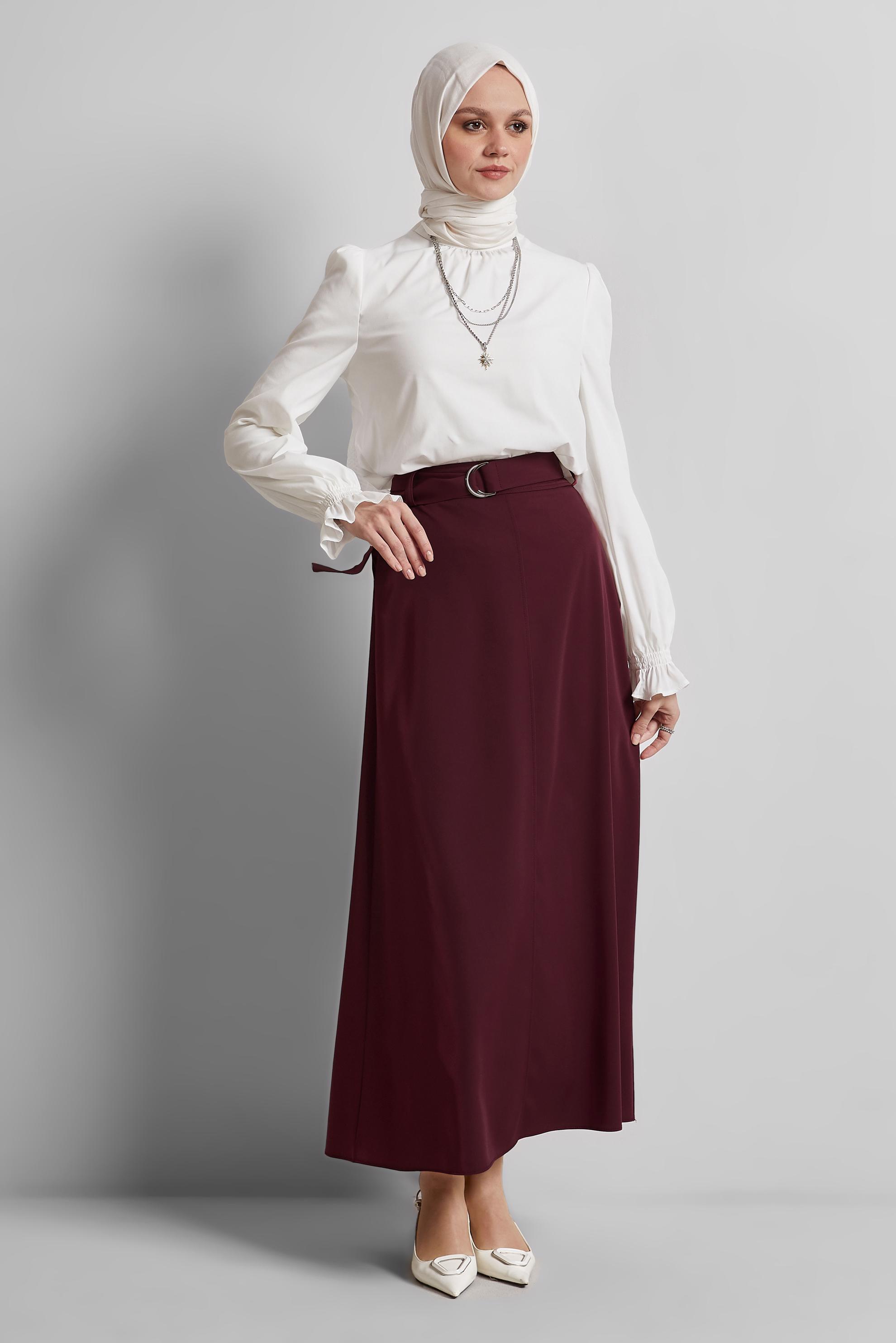 Tesettür giyim BORDO KEMERLİ ETEK 60430