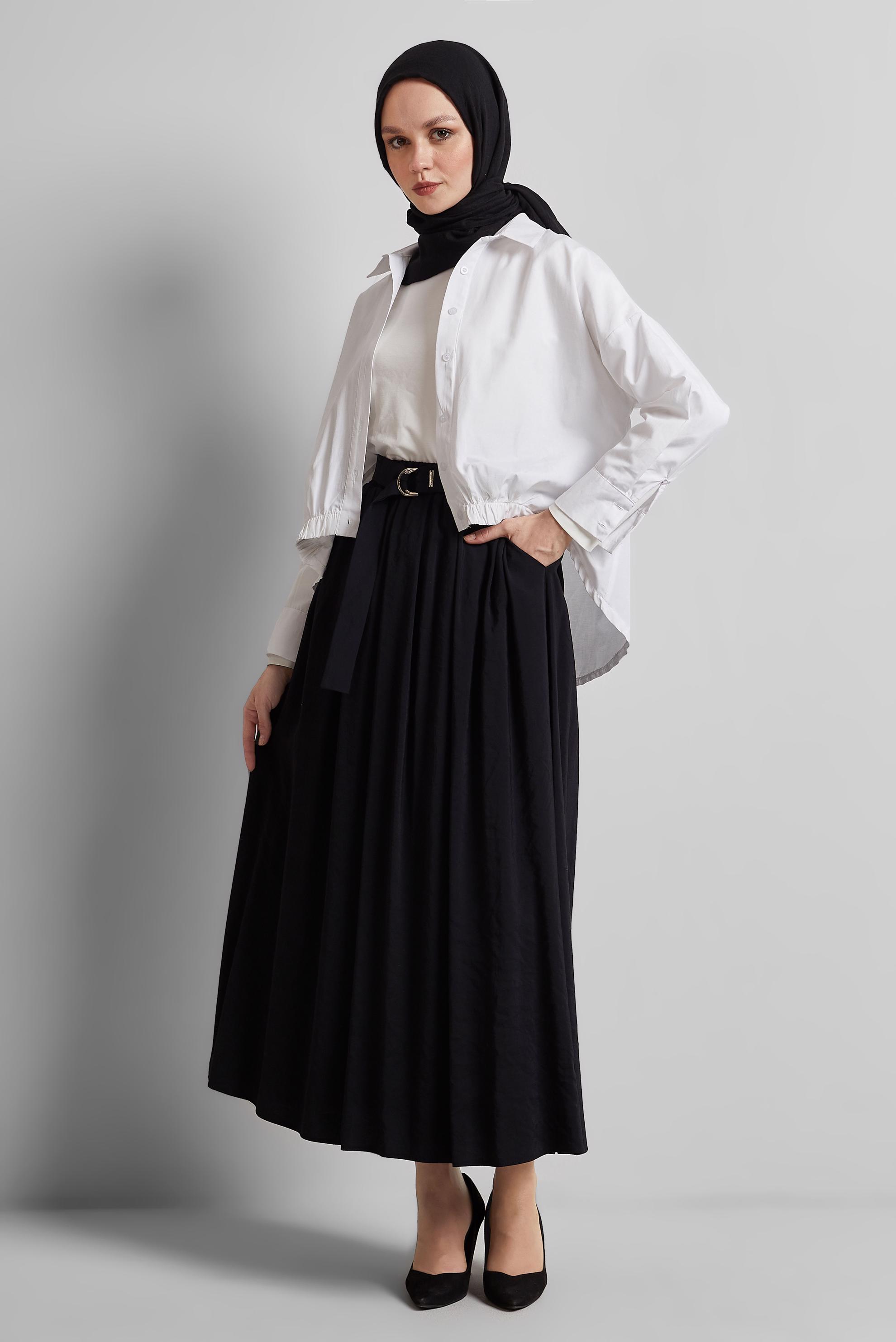Tesettür giyim SİYAH KEMERLİ ETEK 60660 