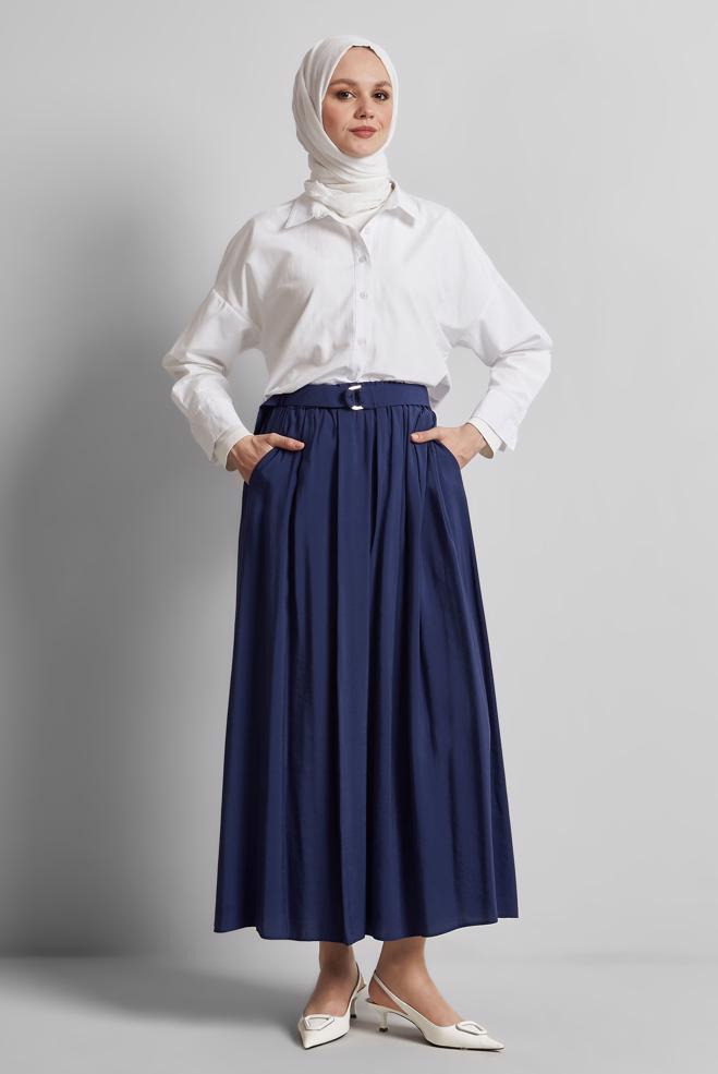 Hijab-Kleidung NAVY BLAU GÜRTELROCK 60660  - ALVİNA