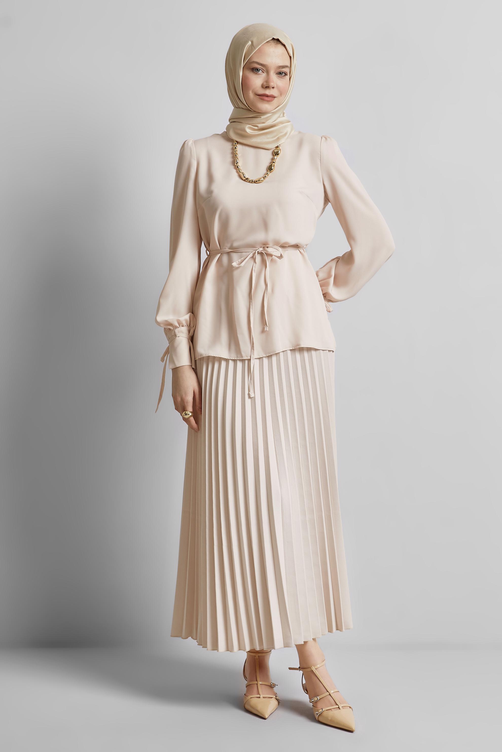 Tesettür giyim EKRU PİLİSELİ ETEK 60661