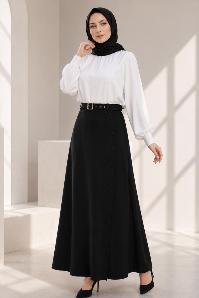 Tesettür giyim SİYAH KEMERLİ DÜĞME DETAYLI ETEK 60667 - ALVİNA