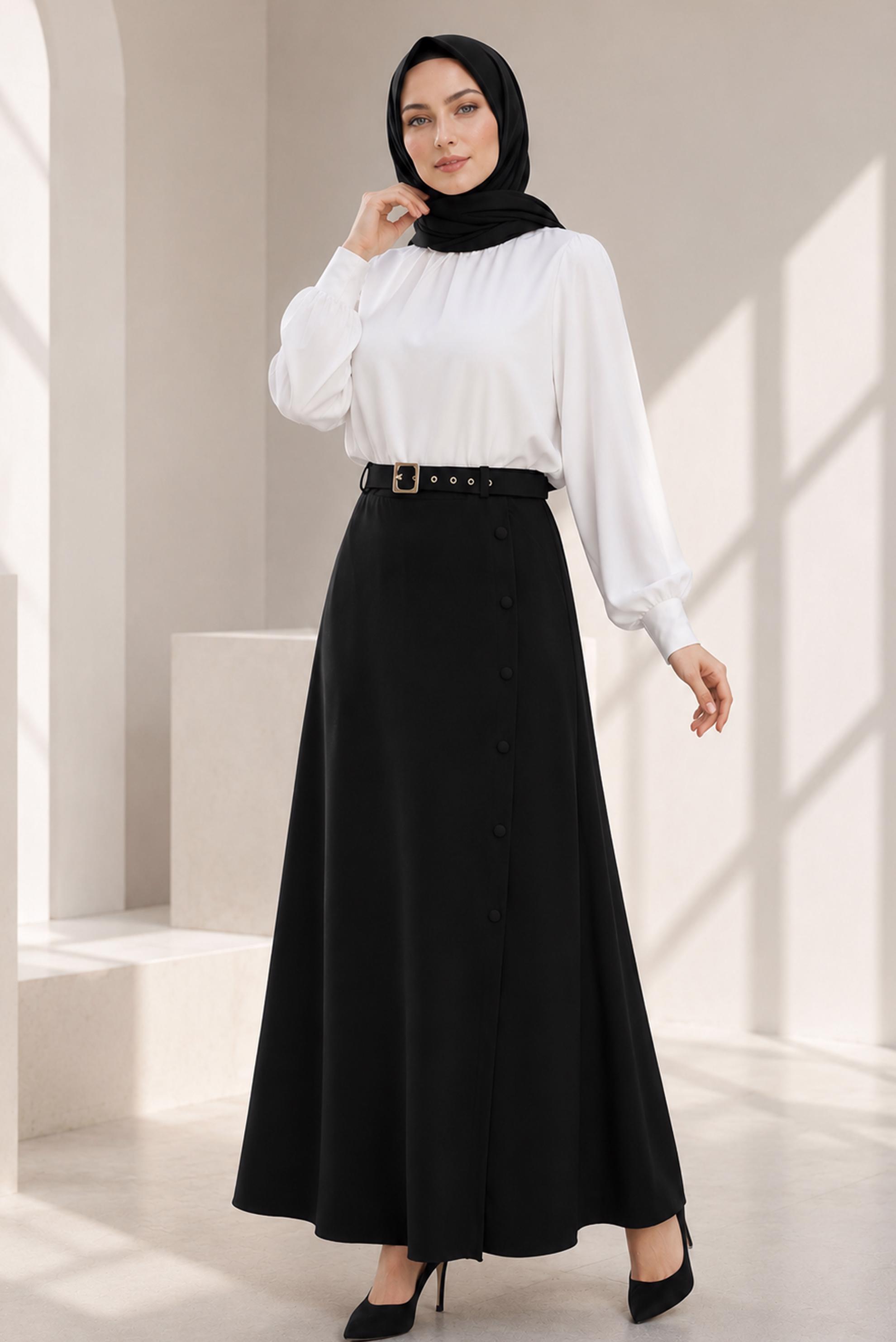 Tesettür giyim SİYAH KEMERLİ DÜĞME DETAYLI ETEK 60667