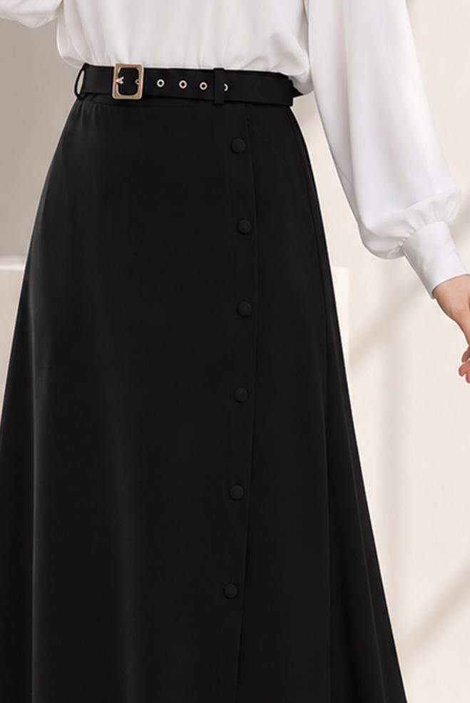 Tesettür giyim SİYAH KEMERLİ DÜĞME DETAYLI ETEK 60667 - ALVİNA