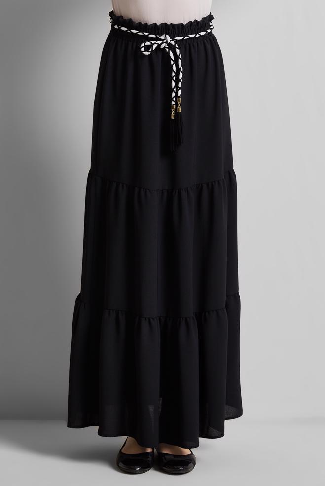 Hijab-Kleidung SCHWARZ GEBUNDENER TAILLENROCK 60668 - ALVİNA