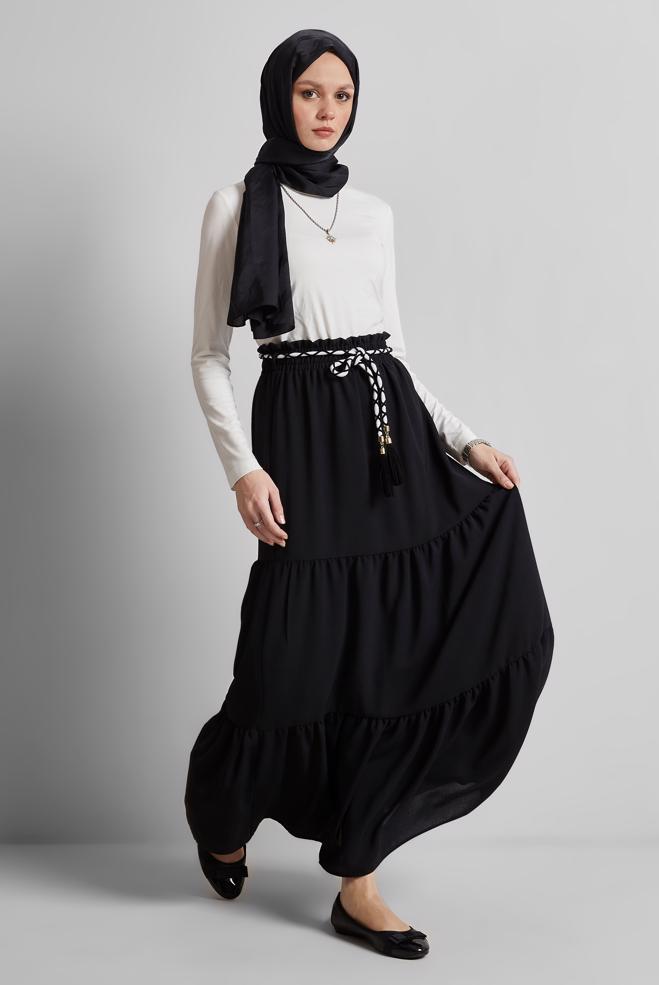Hijab-Kleidung SCHWARZ GEBUNDENER TAILLENROCK 60668 - ALVİNA