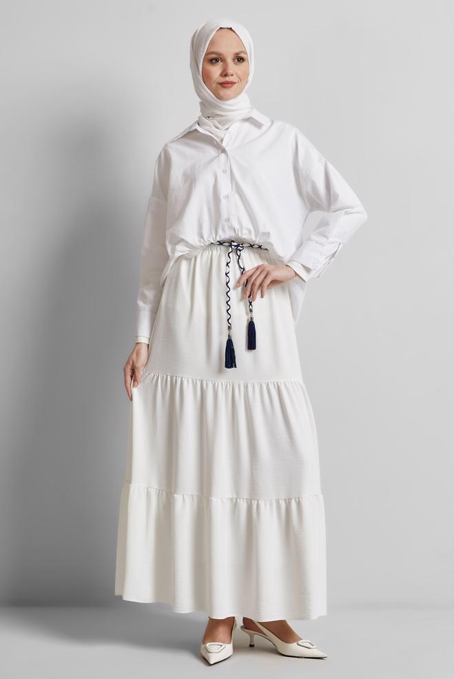 Hijab-Kleidung WEISS GEBUNDENER TAILLENROCK 60668 - ALVİNA