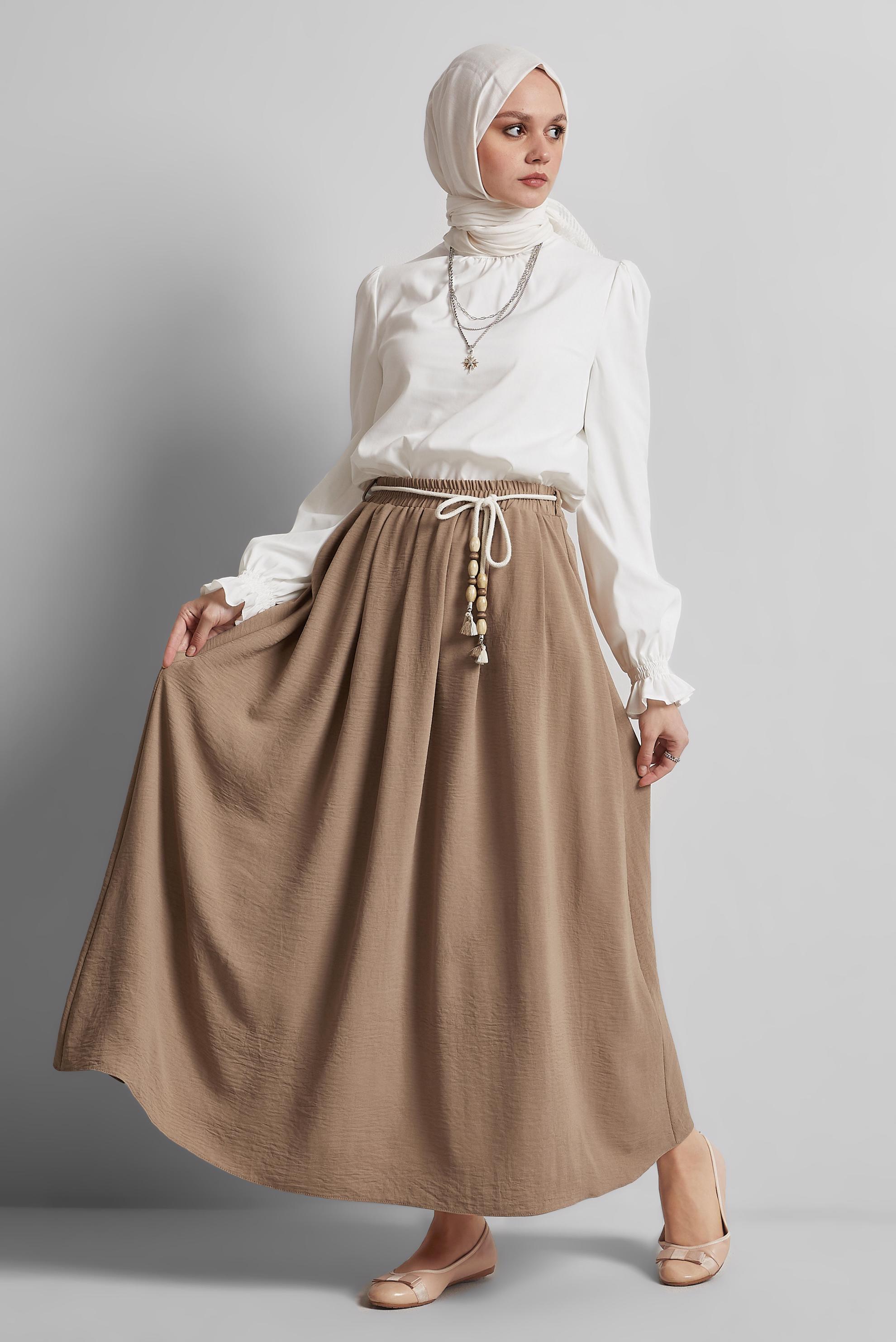 Tesettür giyim KAHVE BELİ BAĞCIKLI ETEK 60669