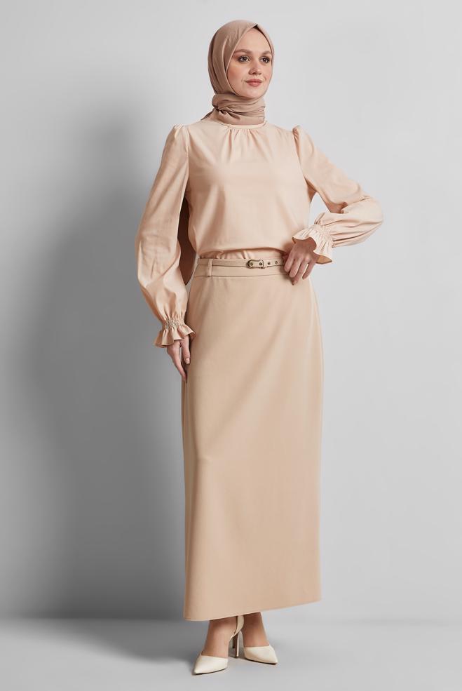 Hijab-Kleidung BEIGE ROCK MIT GÜRTEL 60670 - ALVİNA