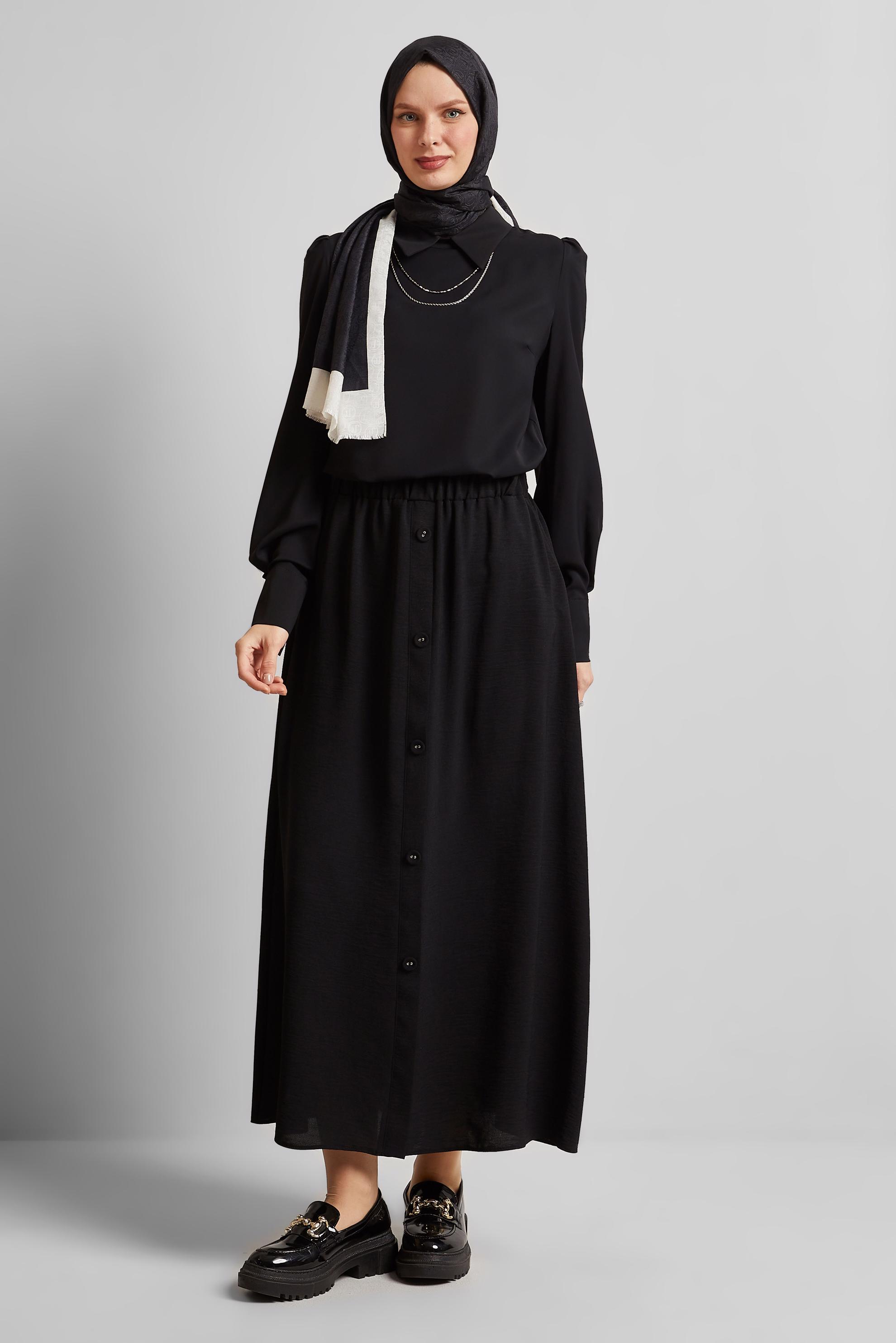 Tesettür giyim SİYAH DÜĞME DETAYLI ETEK 60676