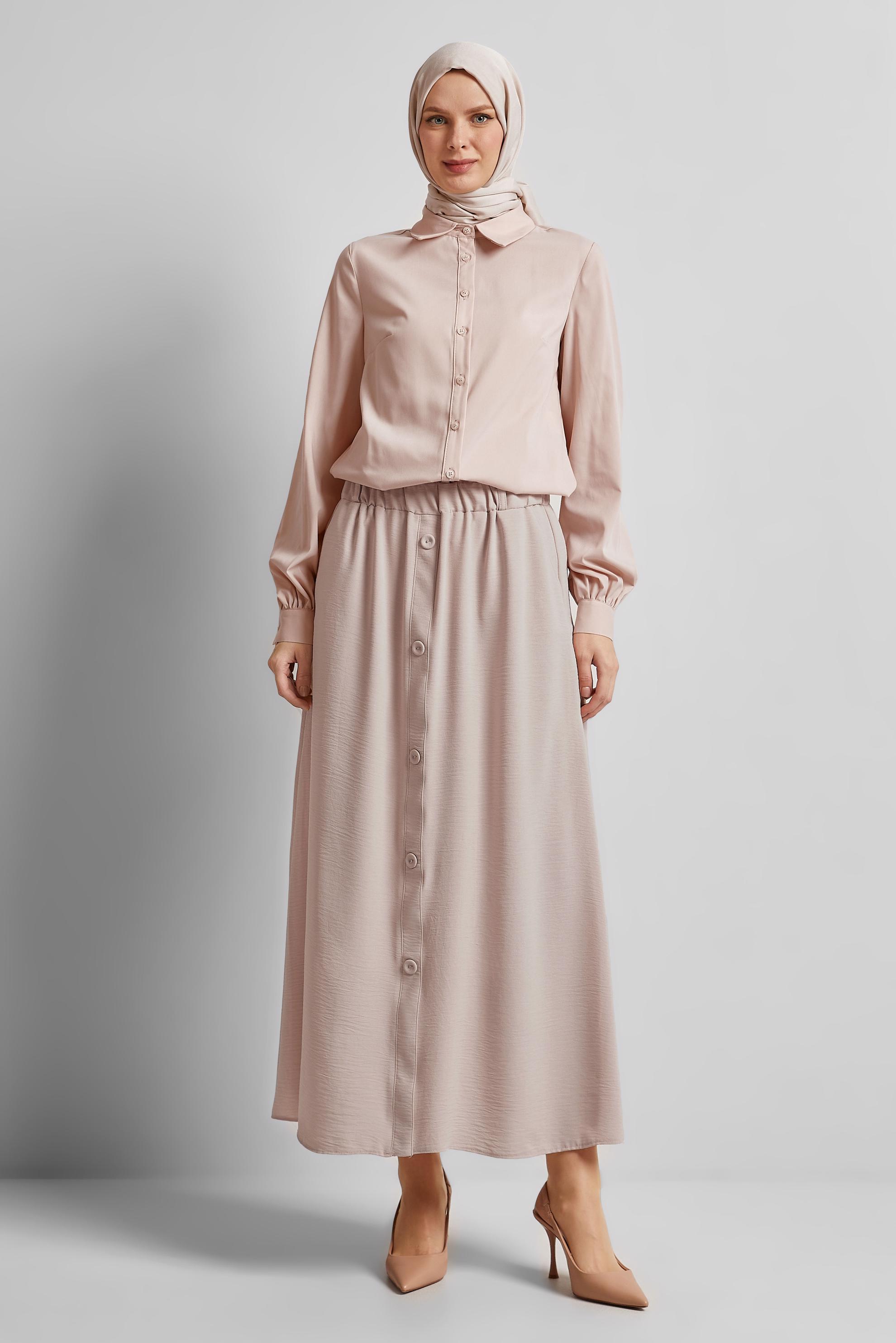 Tesettür giyim BEJ DÜĞME DETAYLI ETEK 60676