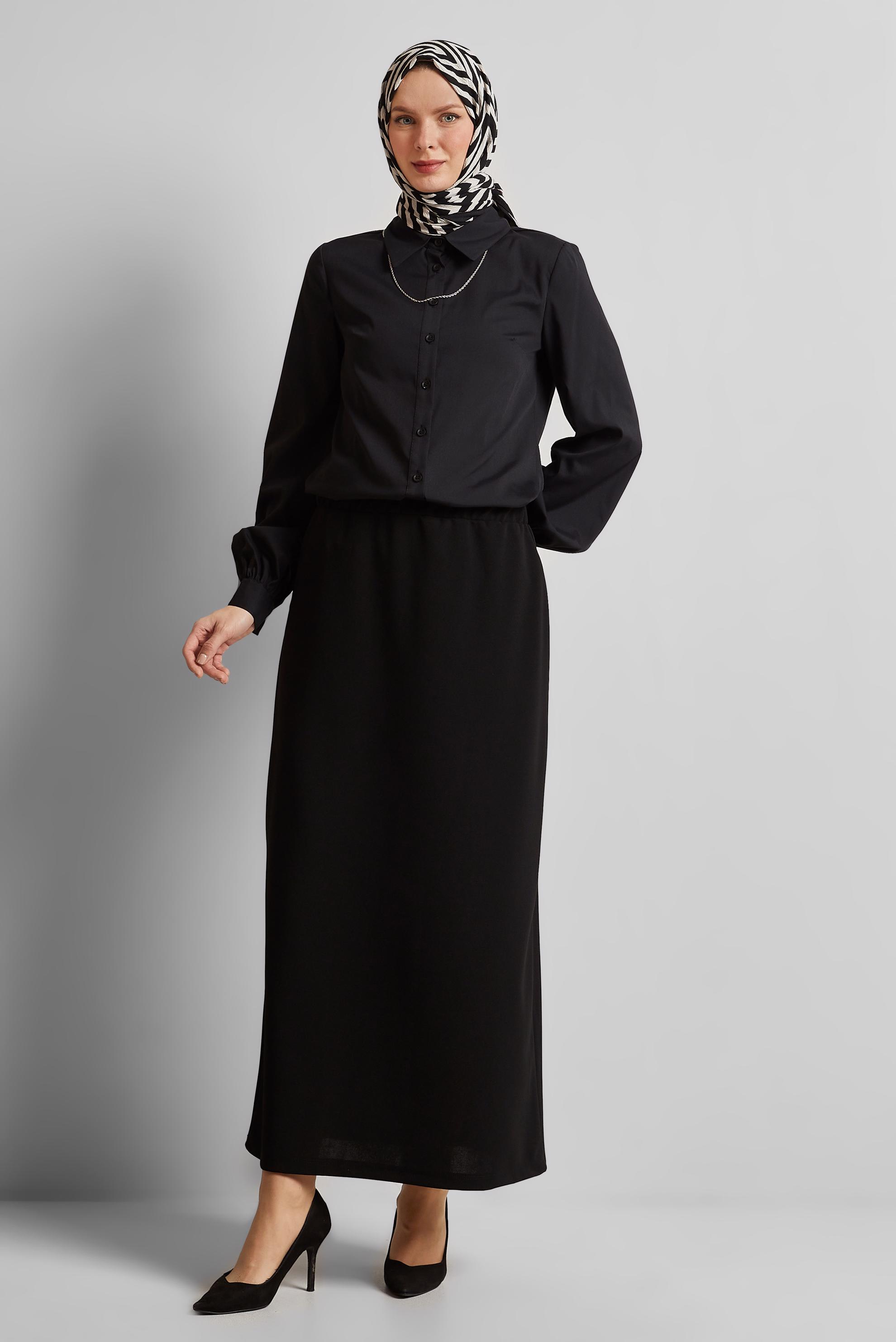 Tesettür giyim SİYAH BELİ LASTİKLİ ETEK 60678