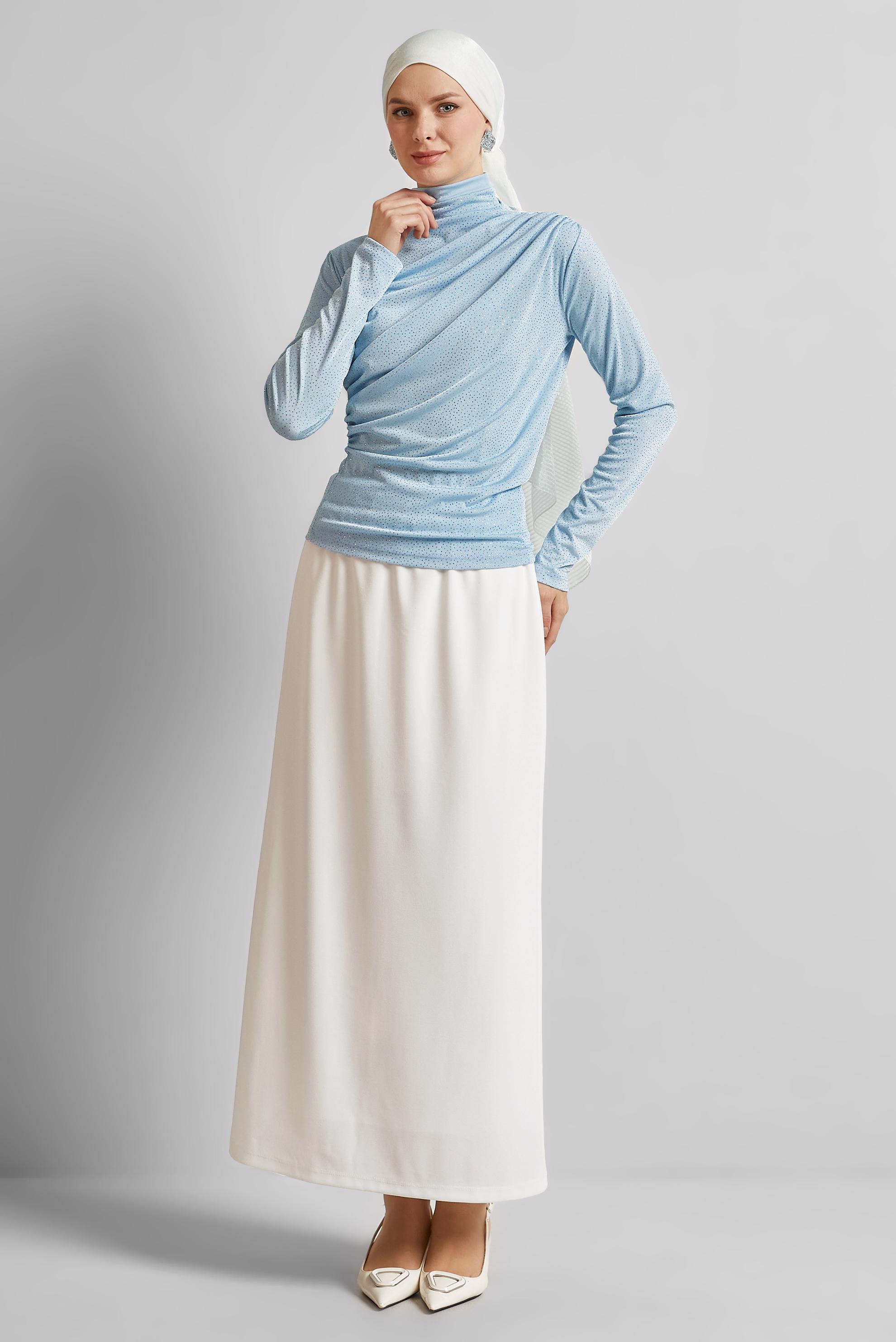 Tesettür giyim BEYAZ BELİ LASTİKLİ ETEK 60678