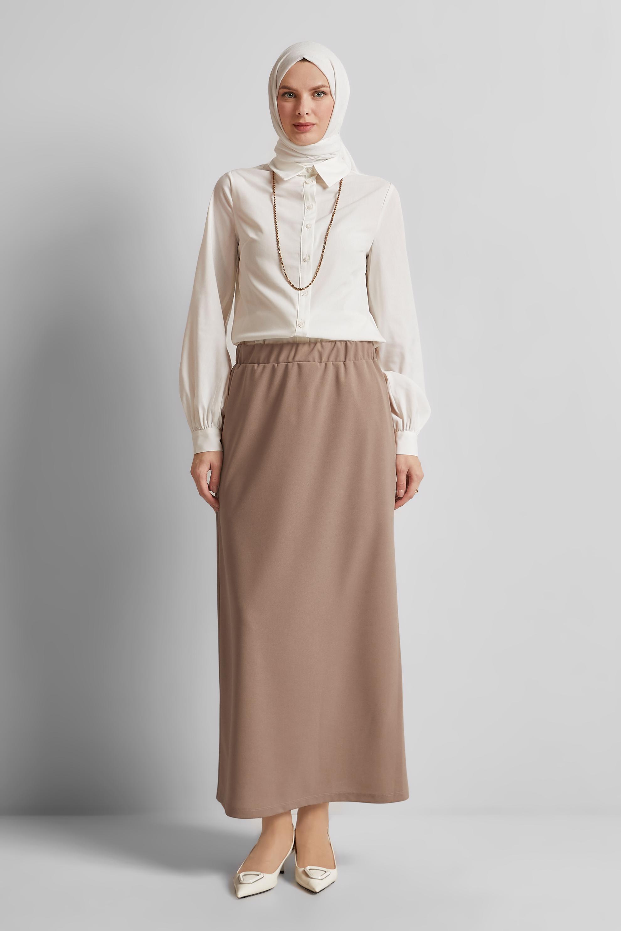 Tesettür giyim BEJ BELİ LASTİKLİ ETEK 60678