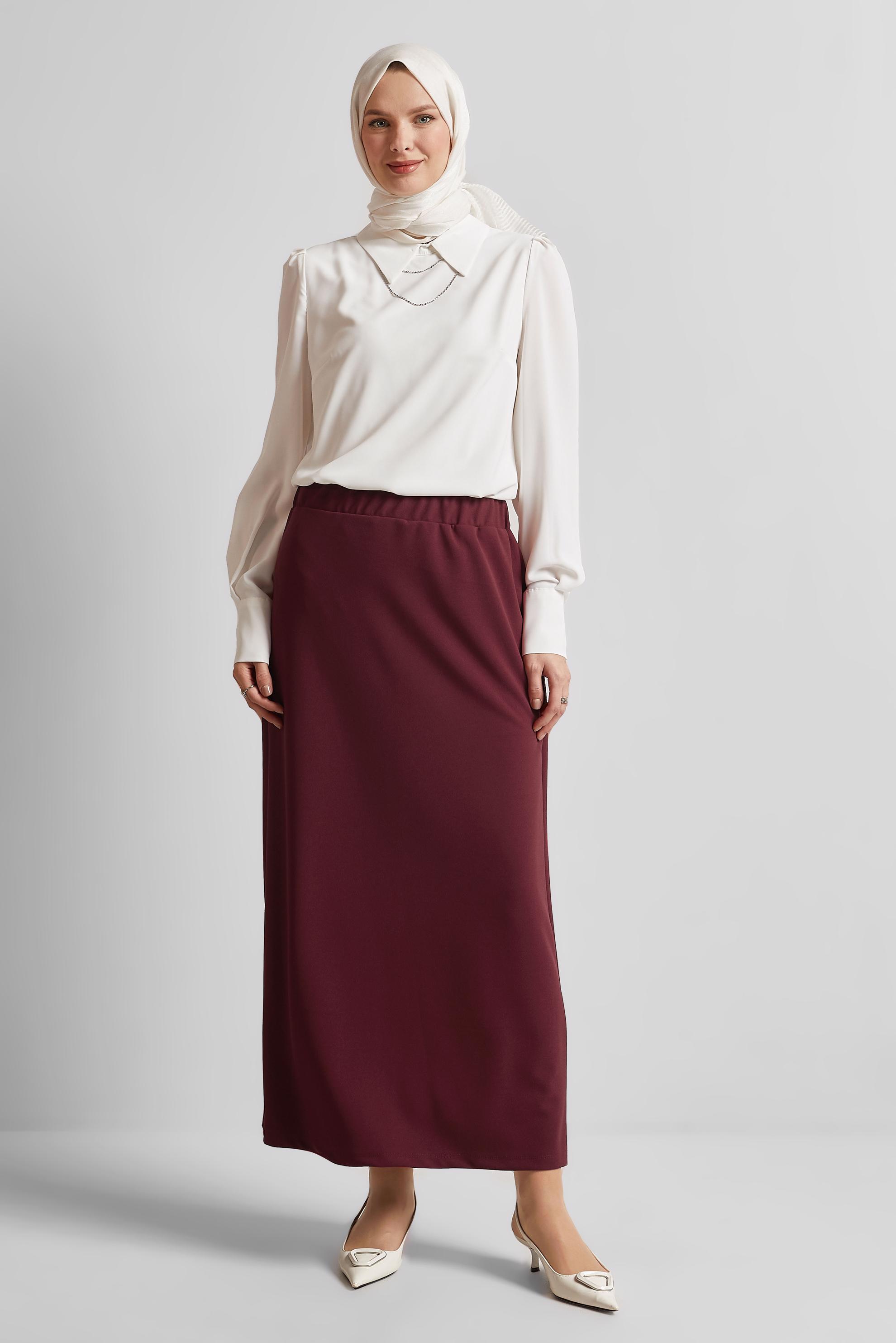 Tesettür giyim KIRMIZI BELİ LASTİKLİ ETEK 60678