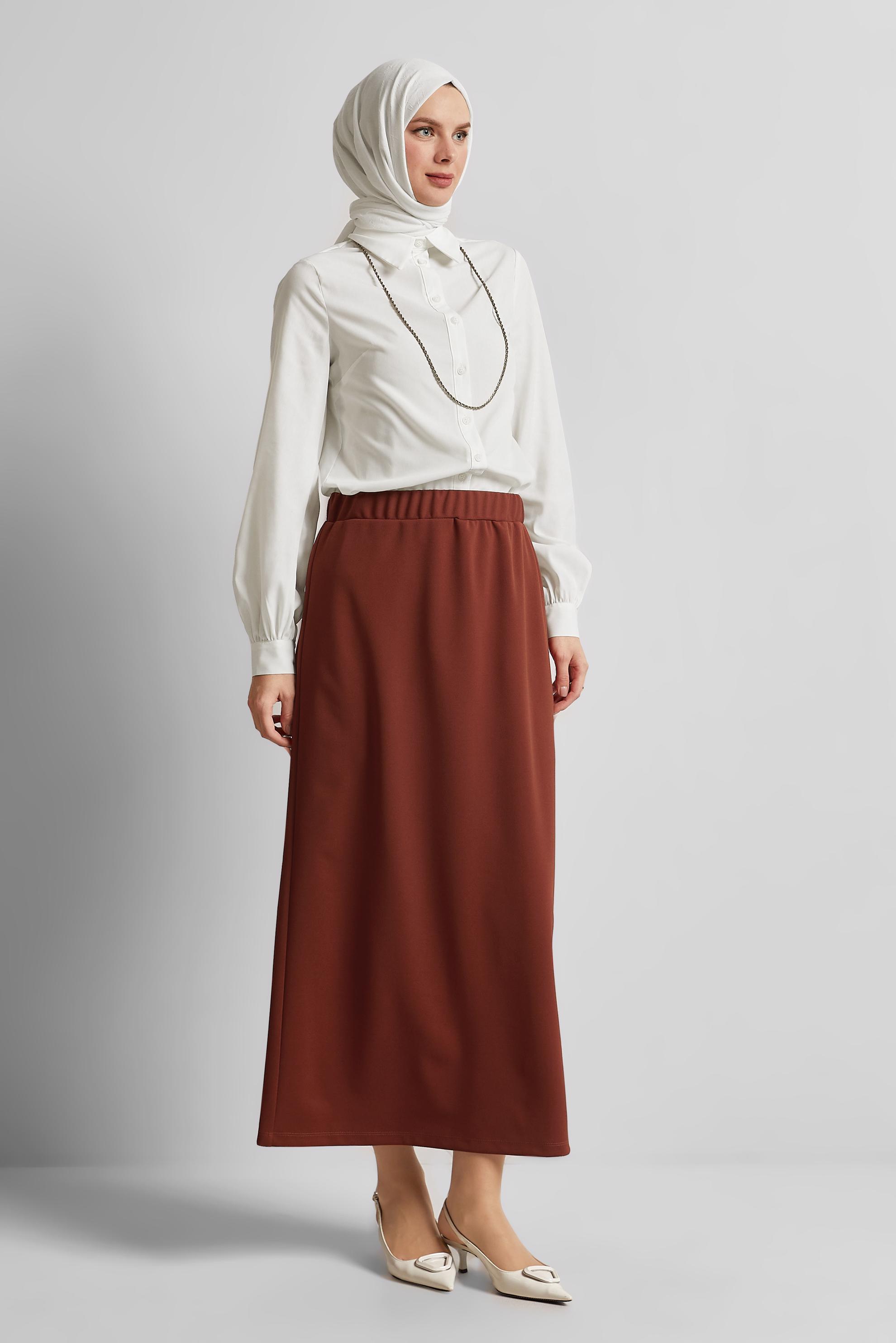 Tesettür giyim BORDO BELİ LASTİKLİ ETEK 60678