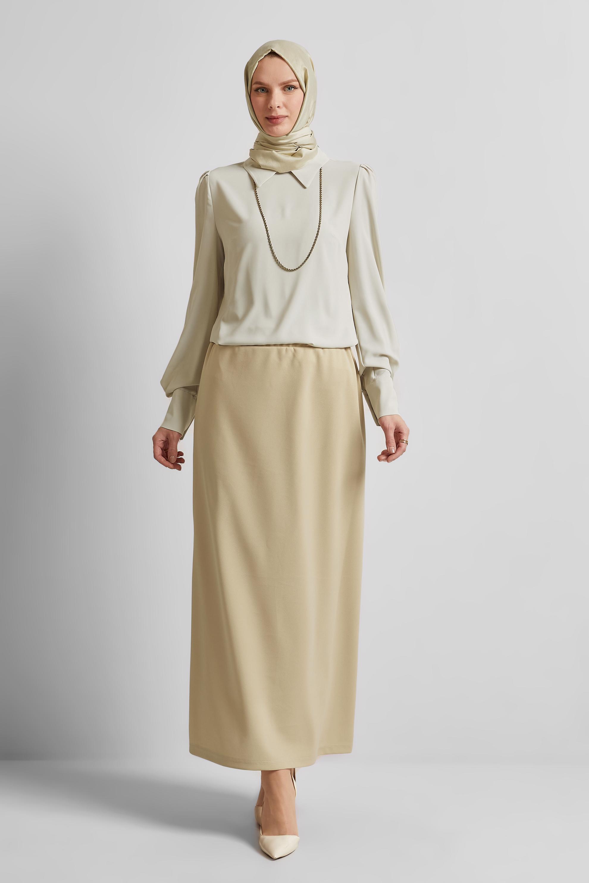 Tesettür giyim EKRU BELİ LASTİKLİ ETEK 60678
