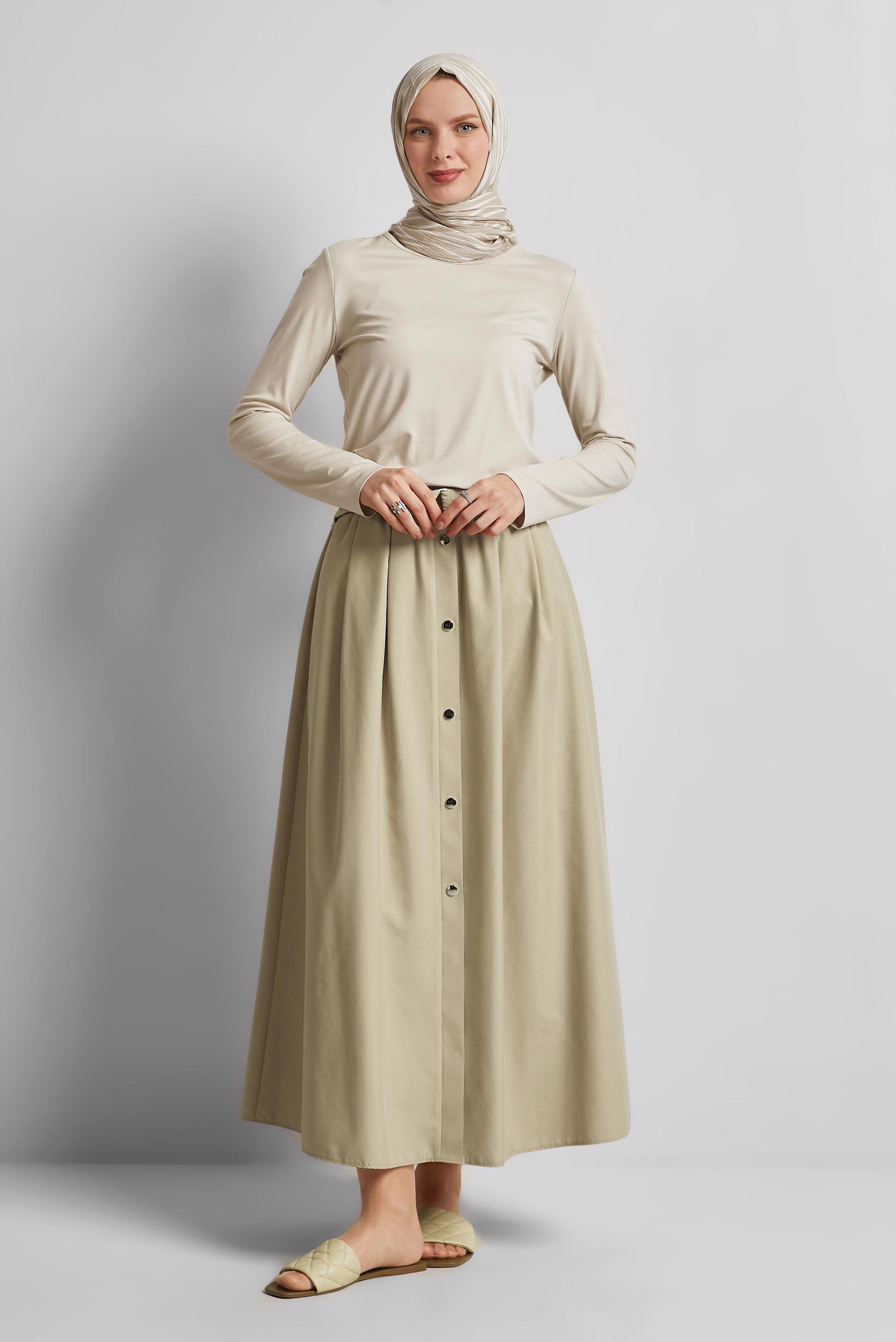Tesettür giyim BEJ KEMERLİ ETEK 60679