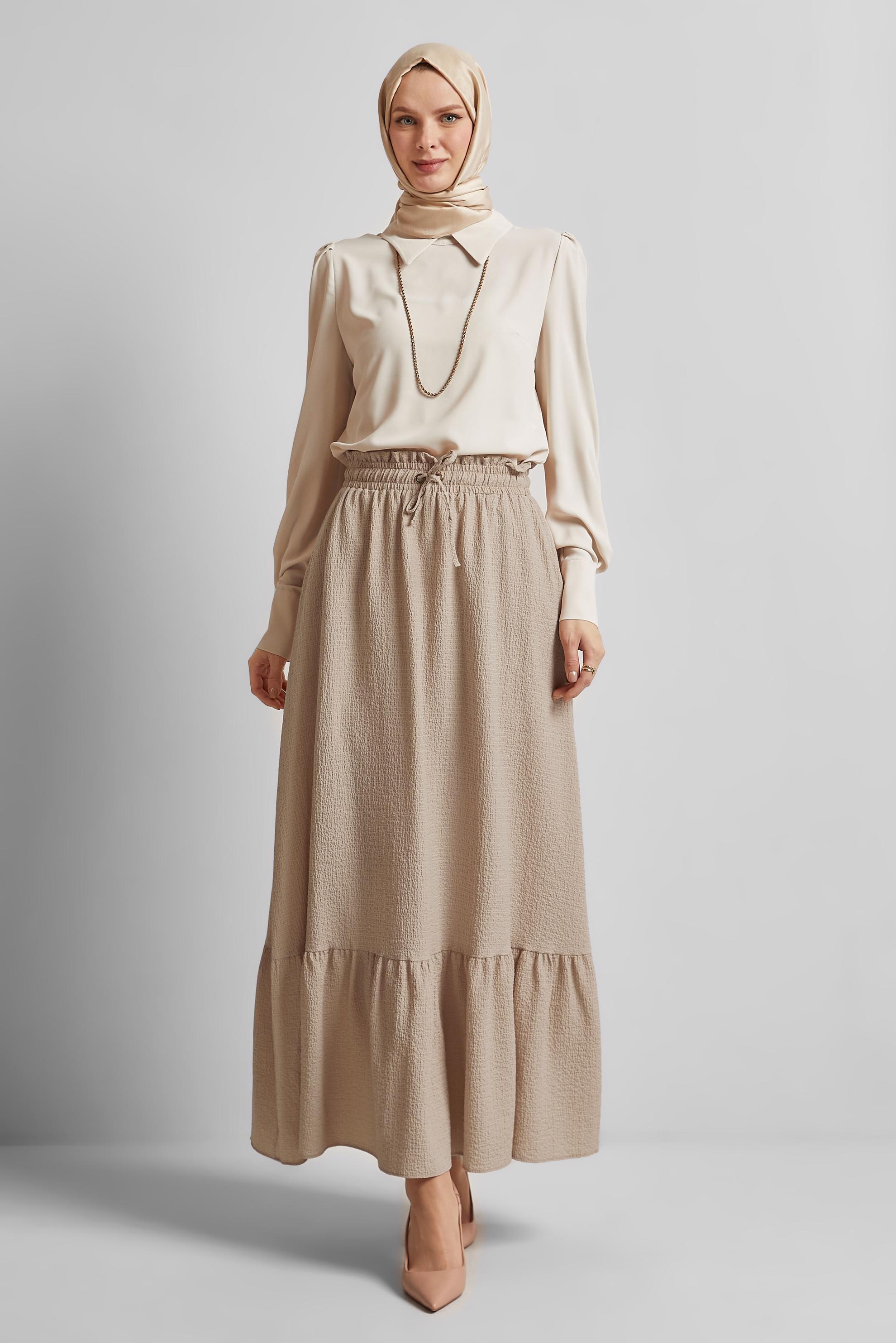 Tesettür giyim BEJ BELİ LASTİKLİ ETEK 60681