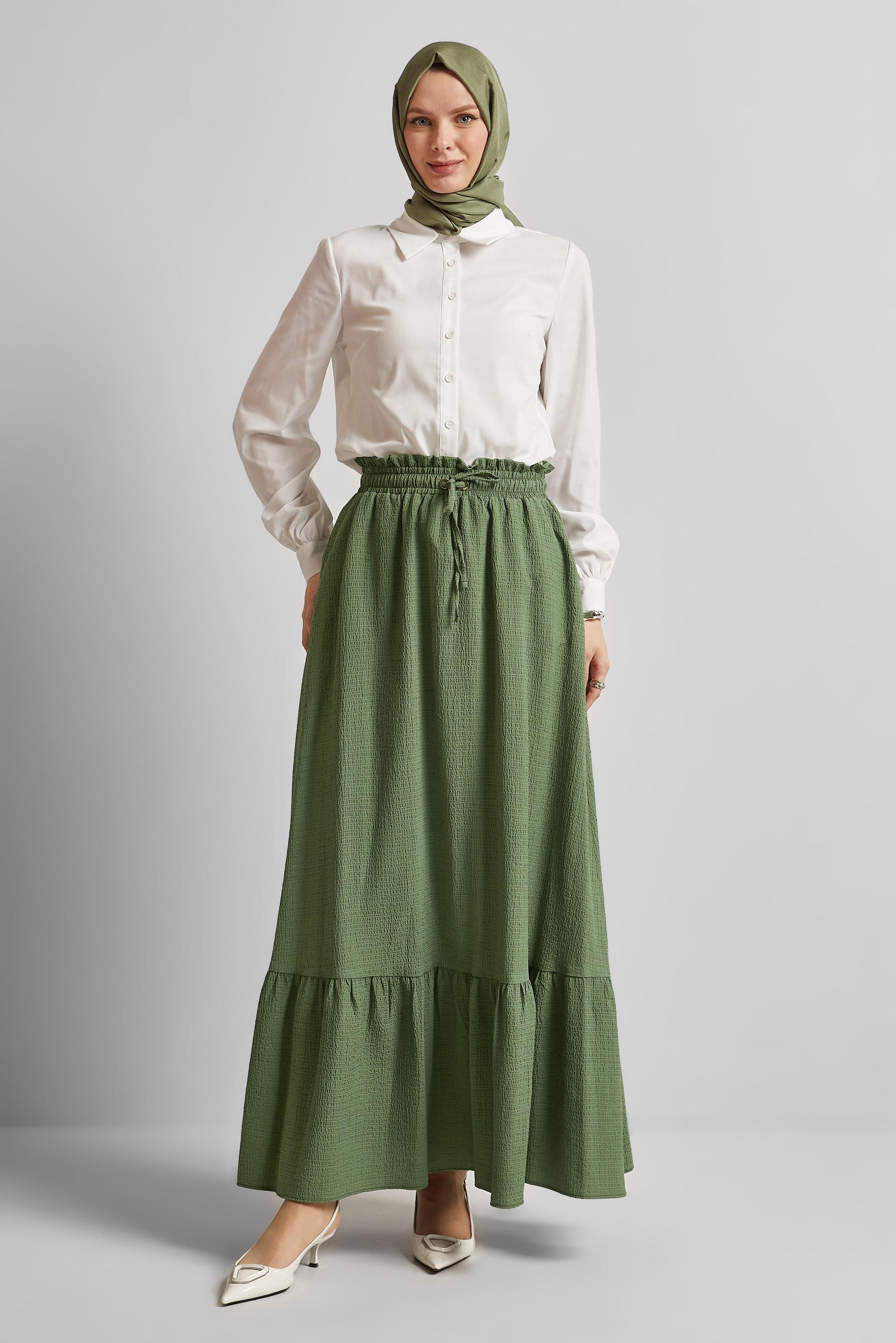 Tesettür giyim HAKİ BELİ LASTİKLİ ETEK 60681