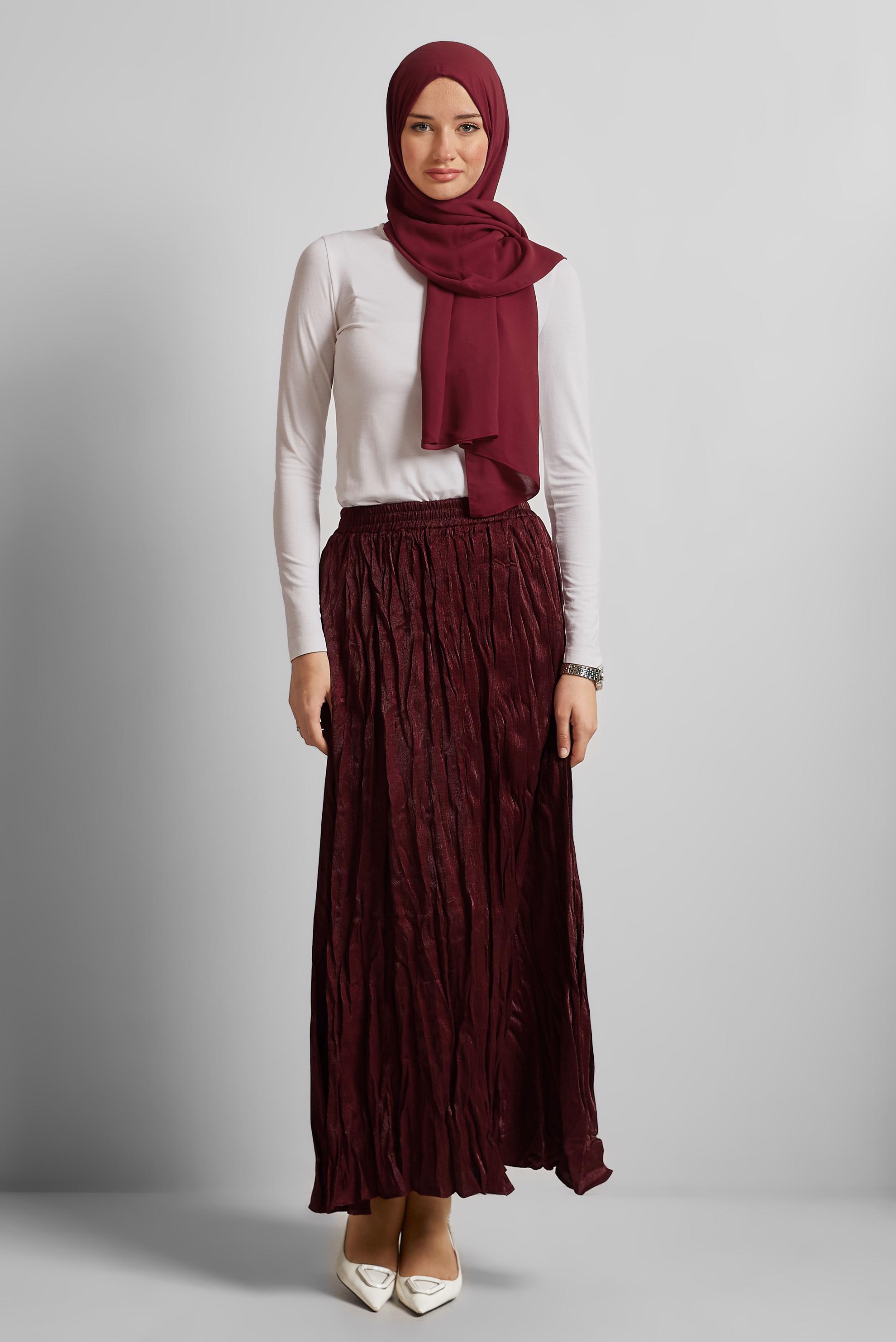 Tesettür giyim BORDO KRİNKIL ETEK 60688