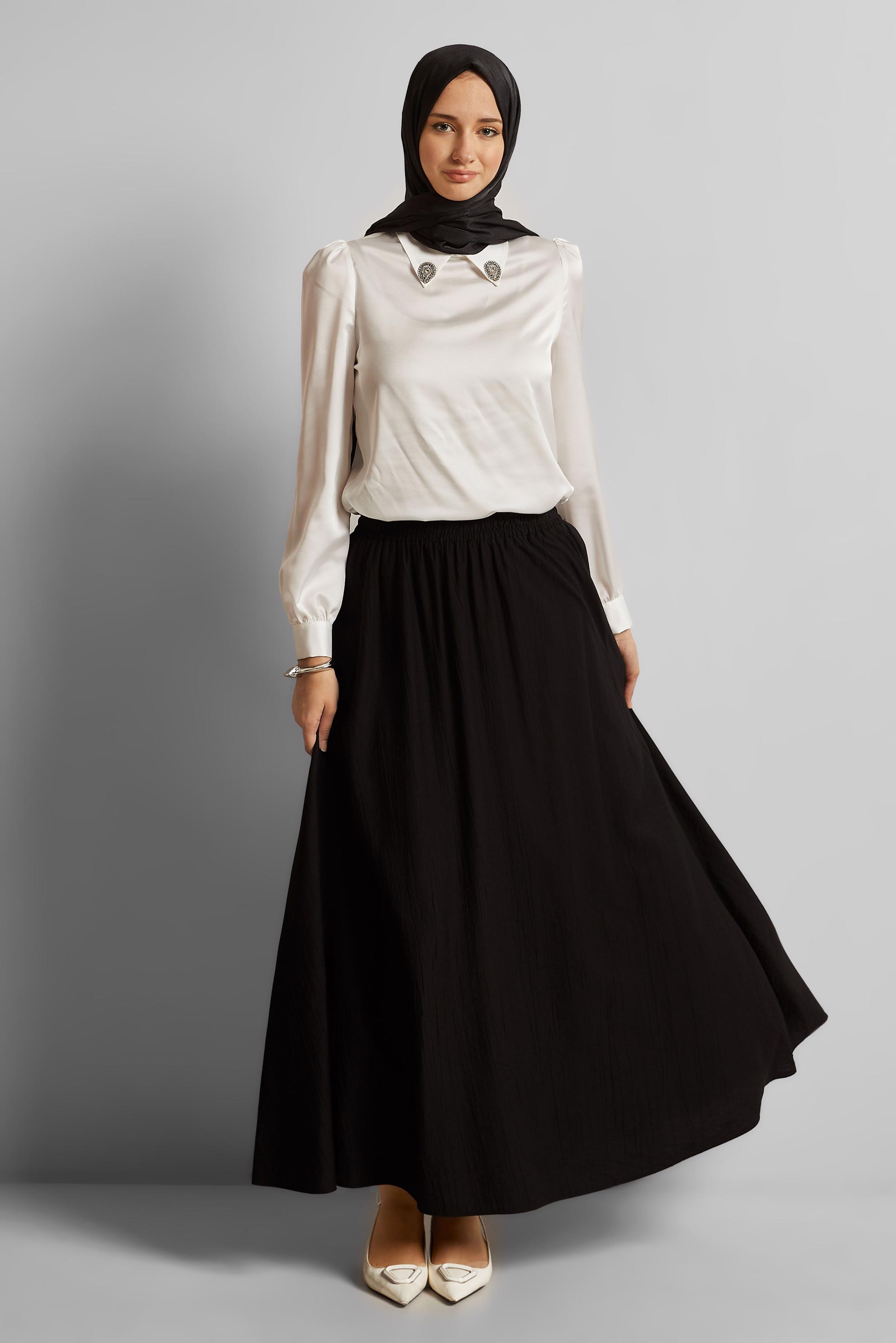 Tesettür giyim SİYAH BELİ LASTİKLİ ETEK 60689