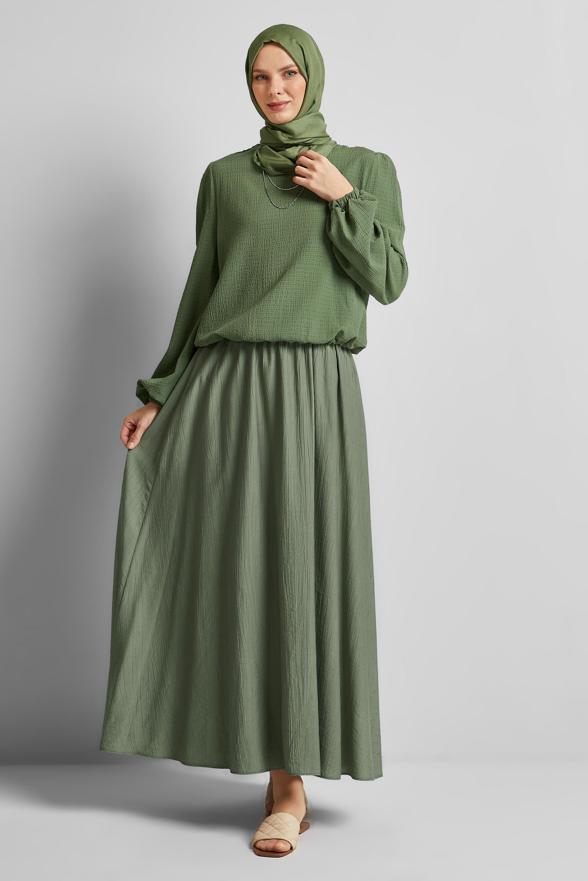 Tesettür giyim HAKİ BELİ LASTİKLİ ETEK 60689