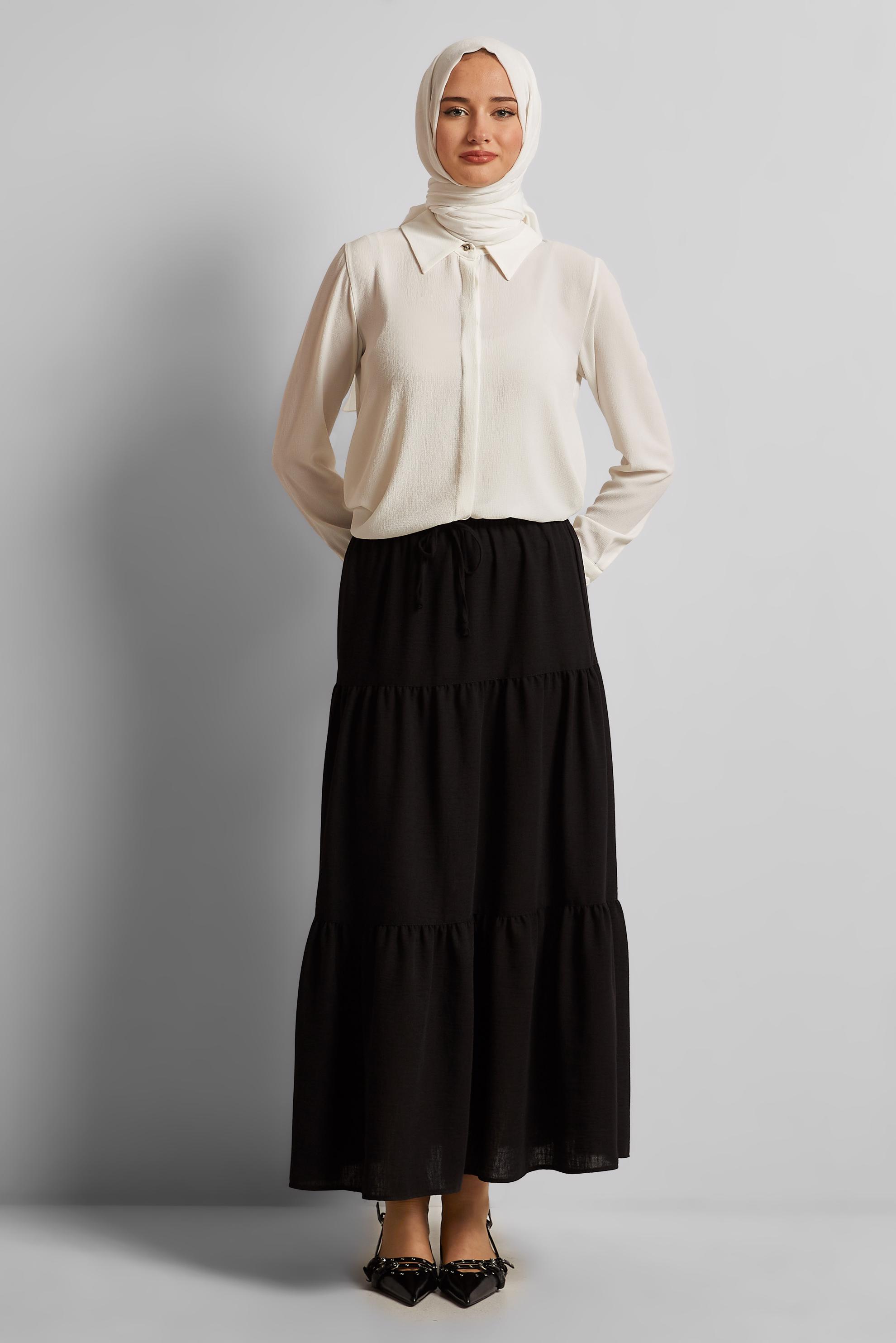 Tesettür giyim SİYAH KATLI BELİ LASTİKLİ ETEK 60695