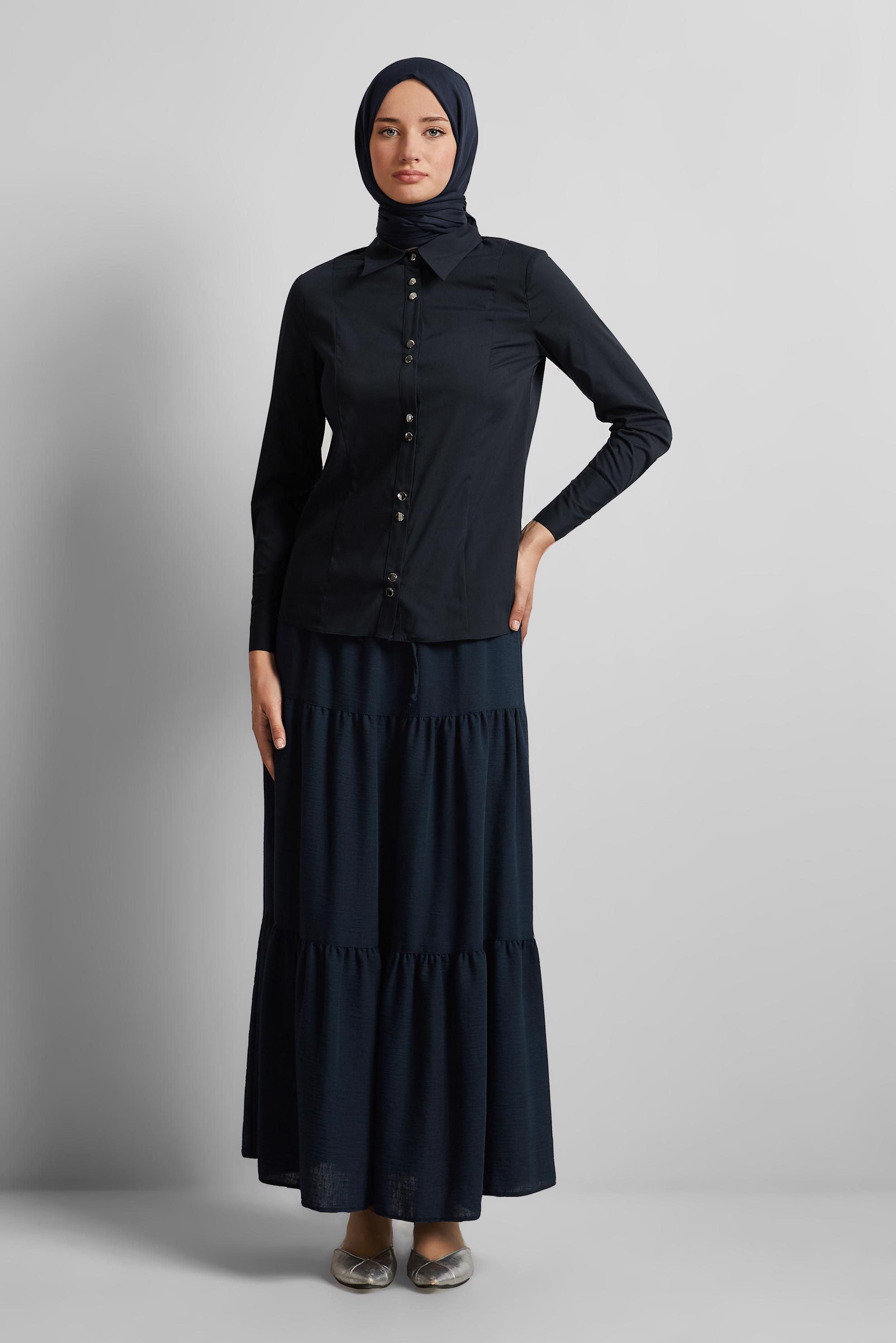 Tesettür giyim LACİVERT KATLI BELİ LASTİKLİ ETEK 60695