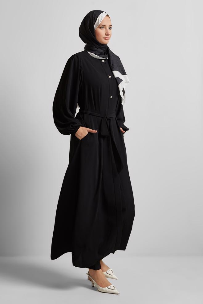 Vêtements hijab NOIR ABAYA CEINTURÉE 80125 - ALVİNA