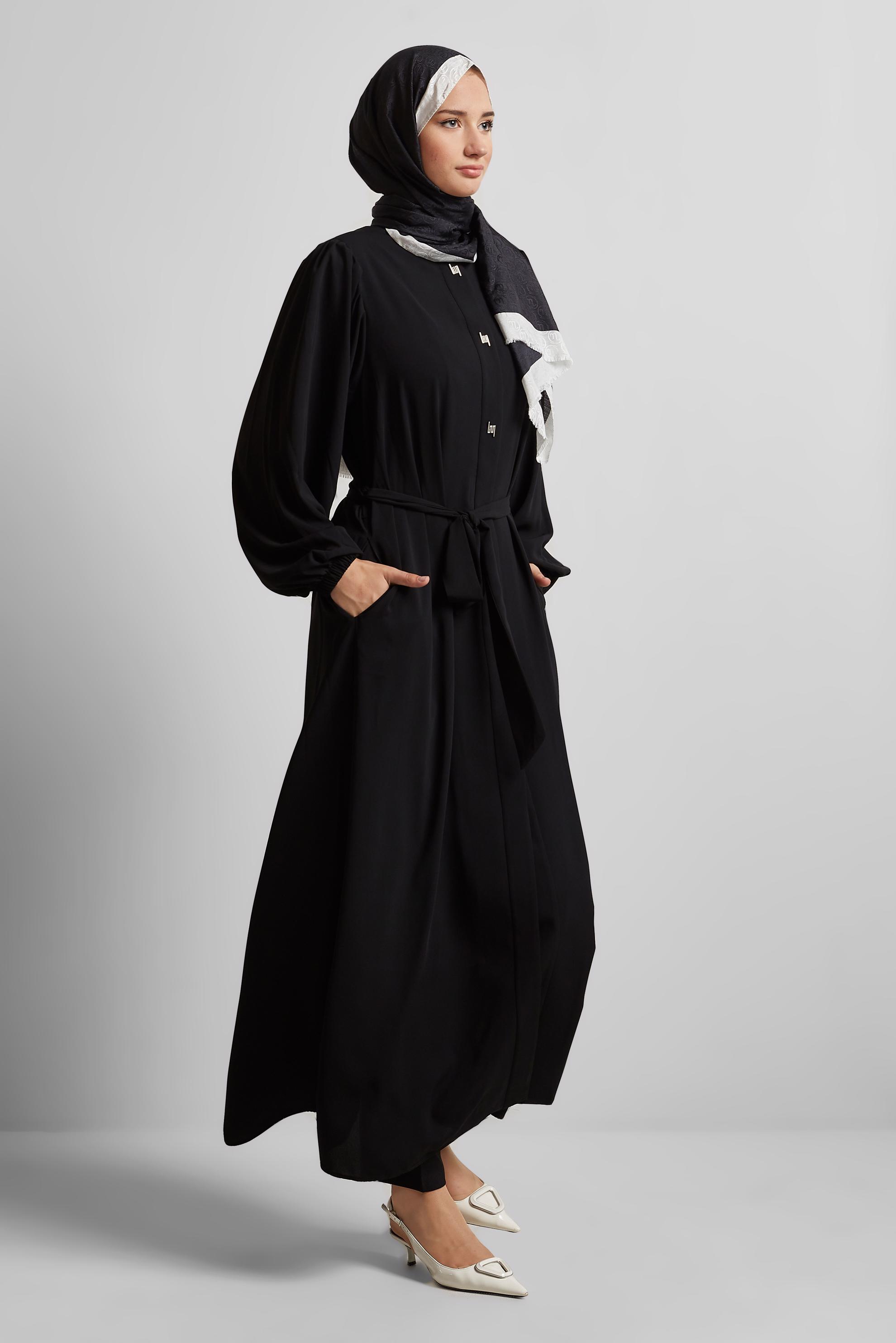 Vêtements hijab NOIR ABAYA CEINTURÉE 80125