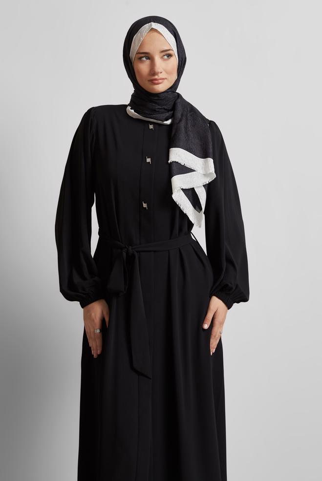 Vêtements hijab NOIR ABAYA CEINTURÉE 80125 - ALVİNA