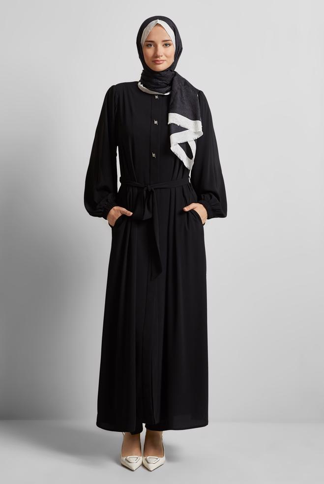 Vêtements hijab NOIR ABAYA CEINTURÉE 80125 - ALVİNA