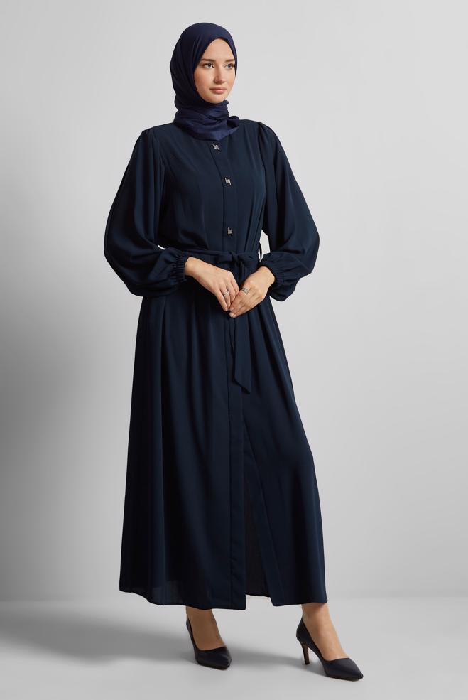 Vêtements hijab BLEU MARINE ABAYA CEINTURÉE 80125 - ALVİNA