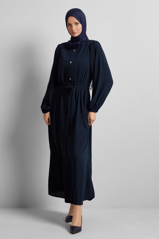 Vêtements hijab BLEU MARINE ABAYA CEINTURÉE 80125 - ALVİNA