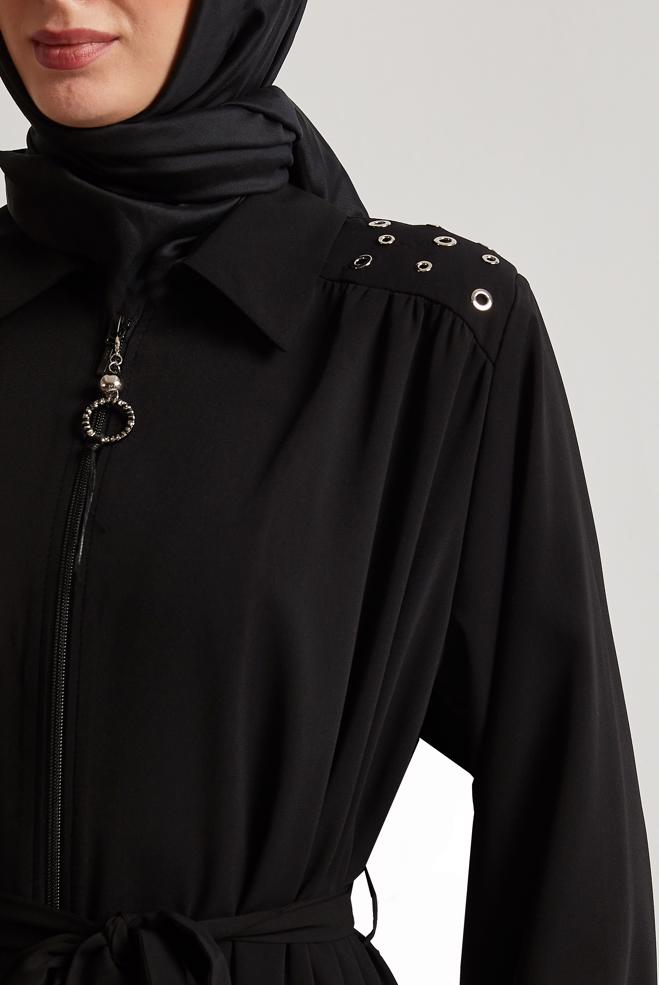 Vêtements hijab NOIR ABAYA CEINTURÉE 80128 - ALVİNA