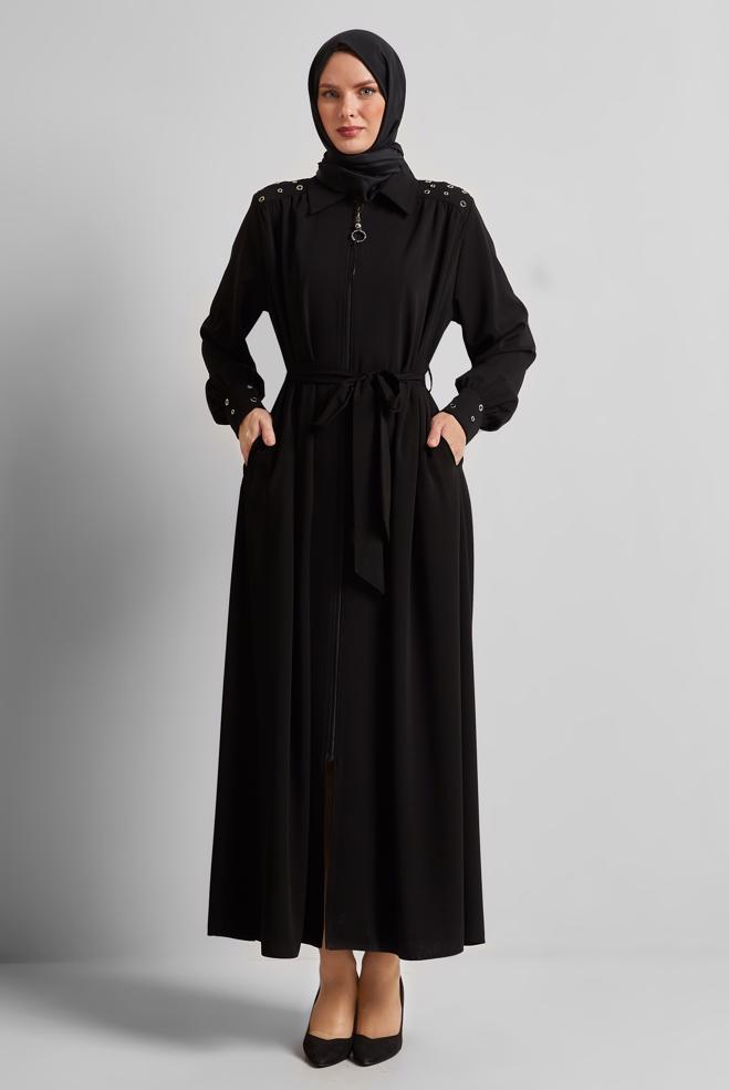 Vêtements hijab NOIR ABAYA CEINTURÉE 80128 - ALVİNA