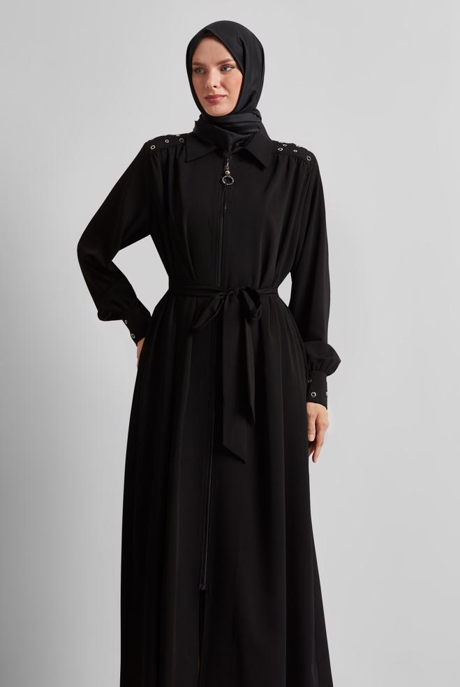 Vêtements hijab NOIR ABAYA CEINTURÉE 80128 - ALVİNA