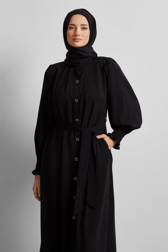 Vêtements hijab NOIR ABAYA CEINTURÉE 80130 - ALVİNA