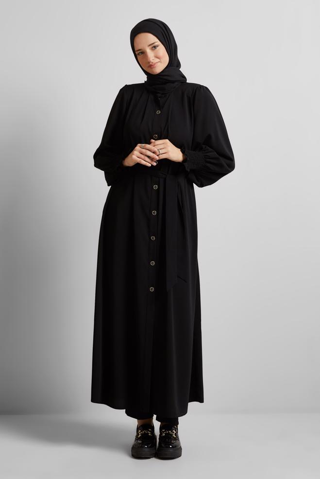 Vêtements hijab NOIR ABAYA CEINTURÉE 80130 - ALVİNA