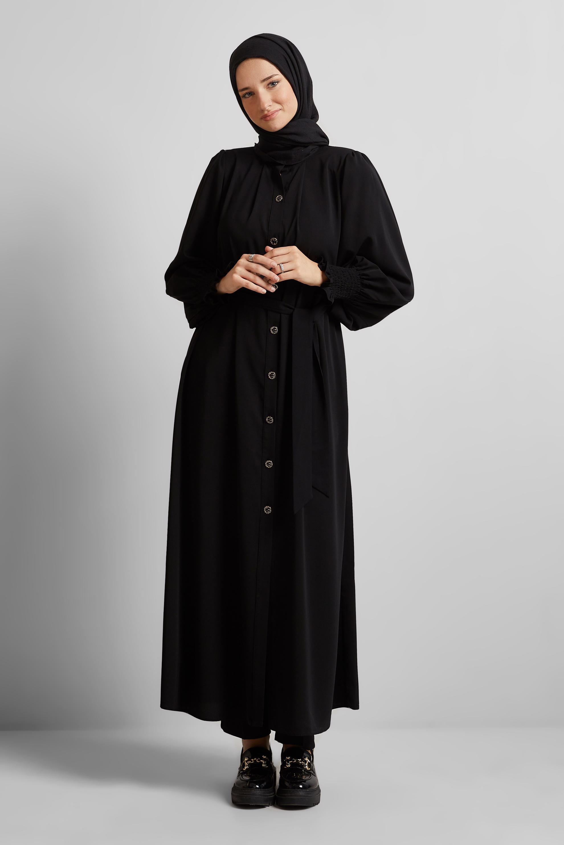 Vêtements hijab NOIR ABAYA CEINTURÉE 80130